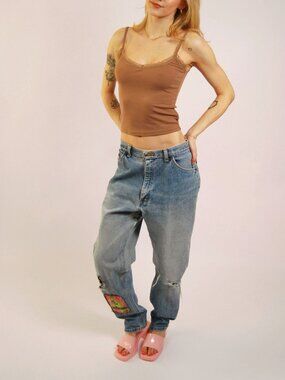 90s Patch Jeans (28) blue denim vintage womens tapered leg high rise punk grunge